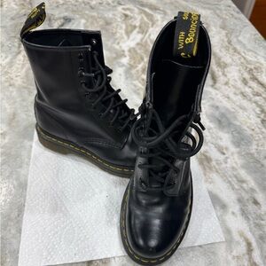 Dr. Martens Black Leather Combat Boots with Yellow Stitching